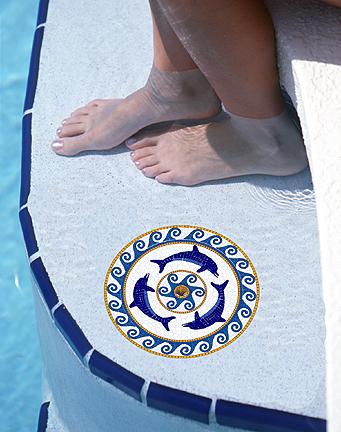Small 7 Inch Round Pool Art - Chasing Dolphins Design (Set of Four Emblems)
