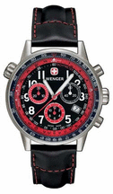 Commando SR Mens Watch with Black Dial Red and Black Sub Dials and Black Leather Straps by Wenger Maker of the Genuine Swiss Army Knife