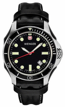 Battalion III Diver Mens Watch with Black Dial Black Bezel and Black Leather Strap with Wrist Protector by Wenger Maker of the Genuine Swiss Army Knife