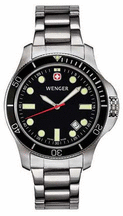 Battalion III Diver Mens Watch with Black Dial Black Bezel and Stainless Steel Bracelet by Wenger174 Maker of the Genuine Swiss Army Knife