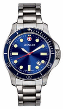 Battalion III Diver Mens Watch with Blue Dial Blue Bezel and Stainless Steel Bracelet by Wenger Maker of the Genuine Swiss Army Knife