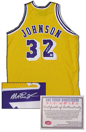 Magic Johnson Los Angeles Lakers NBA Autographed Authentic Style Away Gold Basketball Jersey