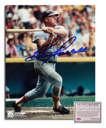 Boog Powell Autographed "Away Jersey Swinging" 8" x 10" Photograph (Unframed)
