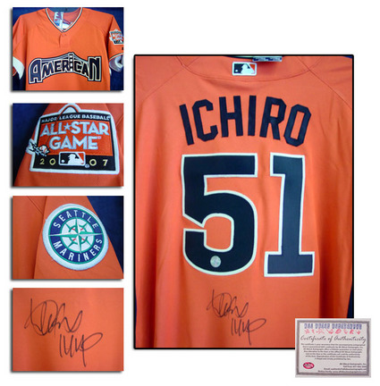 Ichiro Suzuki Autographed Majestic Authentic 2007 All-Star MLB Baseball Jersey with "MVP" Inscription (Orange)