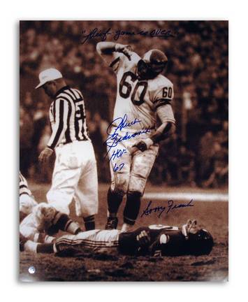 Chuck Bednarik Philadelphia Eagles Autographed 16" x 20" Photograph Over Frank Gifford and Inscribed "Sor