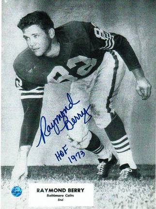 Raymond Berry Autographed in Blue 8" x 10" Unframed Photograph Inscribed with "HOF 73"