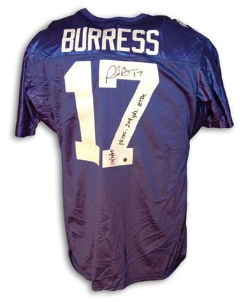 Plaxico Burress Autographed New York Giants Blue Jersey Inscribed with "10/2/05 10 Rec. 204 Yds. 2 TDs"