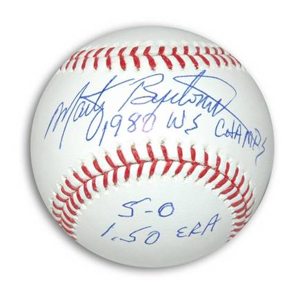 Marty Bystrom Autographed MLB Baseball Inscribed "1980 WS Champs" and "5-0 1.50 ERA"
