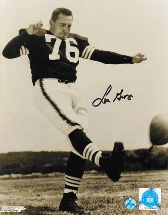 Lou Groza Cleveland Browns Autographed 8" x 10" Black and White Kicking Photograph (Unframed)