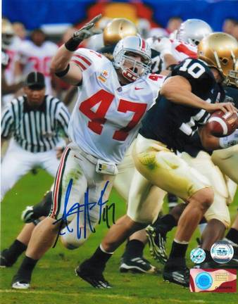 AJ Hawk Autographed "Going for the Sack vs Notre Dame" Ohio State Buckeyes 8" x 10" Photo