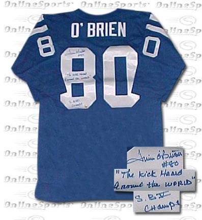 Jim O'Brien Indianapolis Colts NFL Autographed NFL Throwback Jersey with Inscription "The Kick Heard Around the Wor