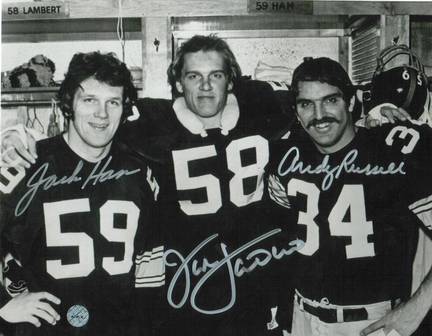 Jack Lambert Autographed, Jack Ham & Andy Russell Triple Signed Pittsburgh Steelers 8" x 10" Photo