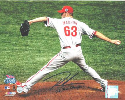 Ryan Madson Autographed Philadelphia Phillies 8" x 10" Photo Inscribed "08 WS Champs"