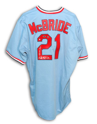 Bake McBride Autographed St. Louis Cardinals Throwback Blue Majestic Baseball Jersey Inscribed with "1974 NL ROY&qu