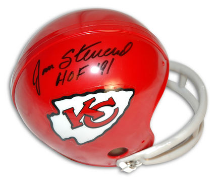 Jan Stenerud Autographed Kansas City Chiefs Throwback Two-Bar Mini Football Helmet Inscribed with "HOF '91"