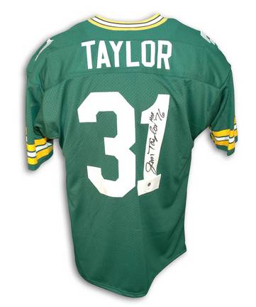 Jim Taylor Green Bay Packers Autographed Throwback NFL Football Jersey Inscribed "HOF 76" (Green)