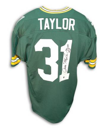 Jim Taylor Green Bay Packers Autographed Throwback NFL Football Jersey Inscribed "MVP 62" (Green)