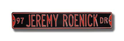 Steel Street Sign:  "97 JEREMY ROENICK DR"