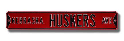 Steel Street Sign:  "NEBRASKA HUSKERS AVE" (Red)