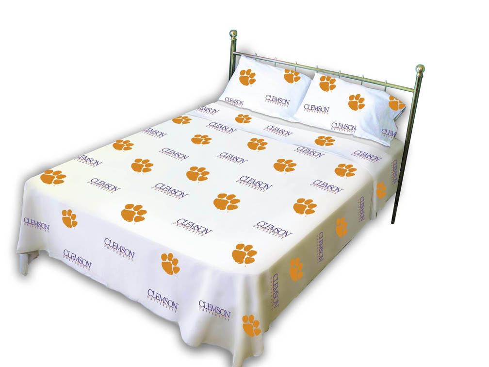 Clemson Tigers White Queen Size Sheet Set