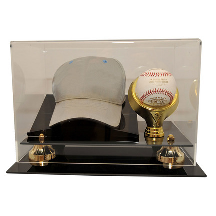 Baseball Hat and Ball Display Case with Gold Risers