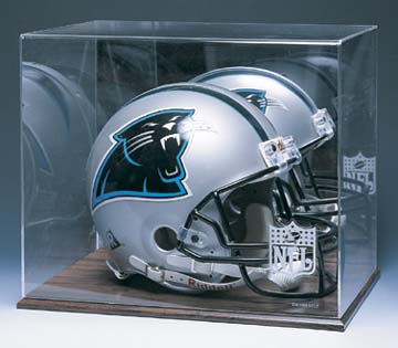 Full Size Football Helmet Display Case with Mirrored Back and Wood Finished Base