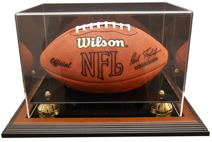 Zenith Football Display Case with Gold Risers, Black Acrylic and Brown Wood Base