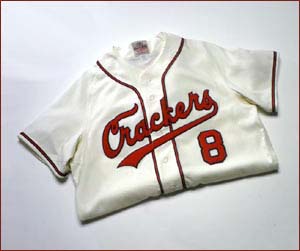 1957 Atlanta Crackers Home Throwback Baseball Jersey With #8 (Cream with Red / (Dark) Navy 5X-Large)
