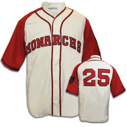 1942 Kansas City Monarchs Home Throwback Baseball Jersey with #25 (Satchel Paige) from Ebbets Field Flannels