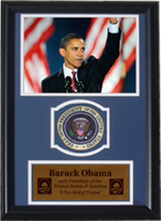 Barack Obama "Waving with Flags" Photograph with Presidential Commemorative Patch in a 12" x 18" Del