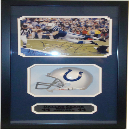 Dallas Clark Mini Helmet and Autographed "Diving" 8" x 10" Photograph in Deluxe Framed Shadow Box