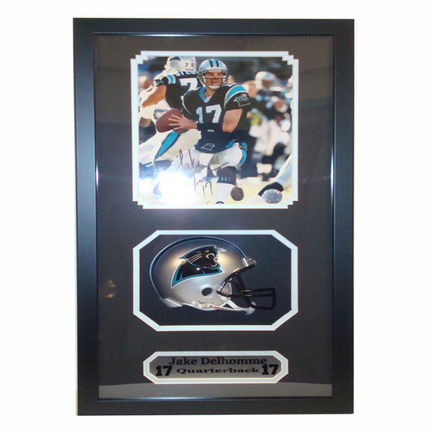 Jake Delhomme "#17" Mini Helmet and Autographed 8" x 10" Photograph in Deluxe Framed Shadow Box