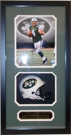 Brett Favre New York Jets Mini Helmet and Autographed 8" x 10" Photograph in Deluxe Framed Shadow Box