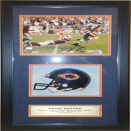 Devin Hester Mini Helmet and Autographed 8" x 10" Photograph in Deluxe Framed Shadow Box