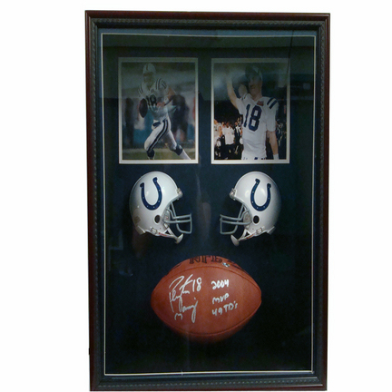 Peyton Manning Mini Helmets, 8" x 10" Photographs and Autographed Football in Deluxe Frame Shadow Box