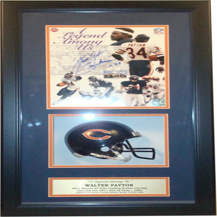 Walter Payton Mini Helmet and Autographed 8" x 10" Photograph in Deluxe Framed Shadow Box