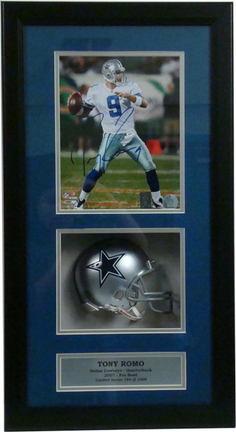 Tony Romo Mini Helmet and Autographed 8" x 10" Photograph in Deluxe Framed Shadow Box