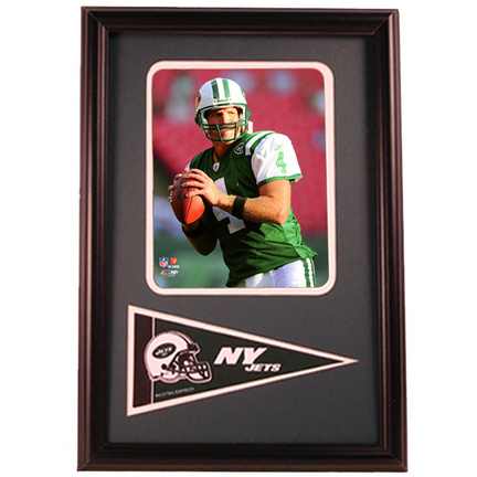 Brett Favre New York Jets Photograph with Team Pennant in a 12" x 18" Deluxe Frame