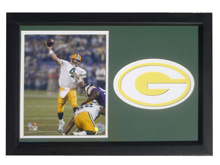 Brett Favre Photograph with Team Logo Patch in a 12" x 18" Deluxe Frame