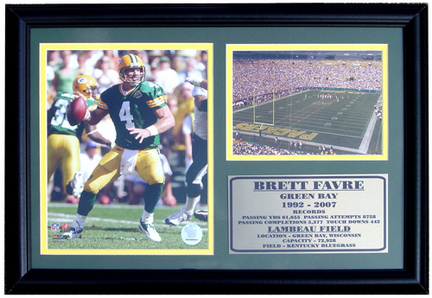 Brett Favre Lambeau Field Photograph with Statistics Nested on a 12" x 15" Plaque 