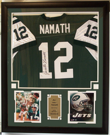 Joe Namath Autographed New York Jets Home Jersey and Photo Collage in Deluxe Frame