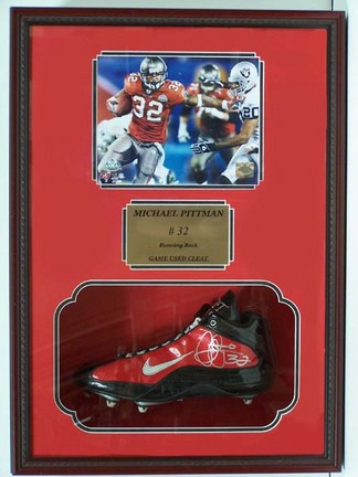 Michael Pittman Photograph and Autographed Game Used Cleat in Deluxe Framed Shadow Box