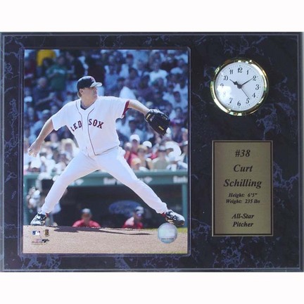 Curt Schilling Photograph with Statistics and Clock Nested on a 12" x 15" Plaque 