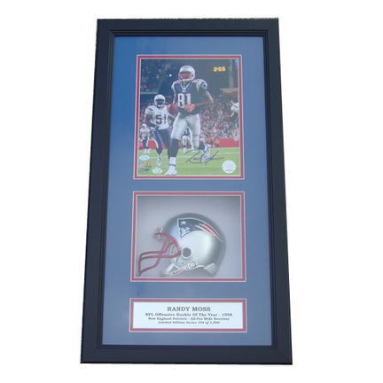 Randy Moss Mini Helmet and Autographed 8" x 10" Photograph in Deluxe Framed Shadow Box