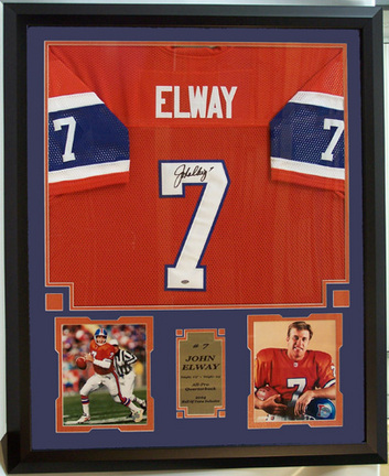 John Elway Autographed Denver Broncos Home Jersey and Photo Collage in Deluxe Frame