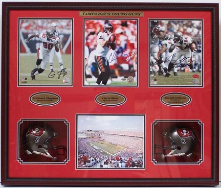 Chris Simms, Cadillac Williams and Michael Clayton Autographed "Young Guns" Photo Collage with Mini Helmet Sha