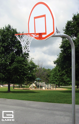 4 1/2" O.D. Braced Rear Mount Gooseneck Post with 4' Extension, Basketball Backboard and Goal