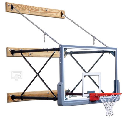 Fold-Up Wall Mount Basketball System with 42" x 72" Glass Backboard and 9-12' Foot Extension