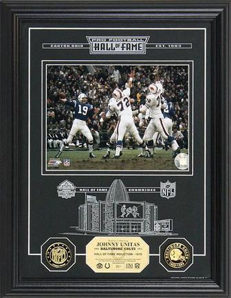 Johnny Unitas Hall of Fame Archival Etched Glass 6" x 9" Framed Photograph and Medallion Set