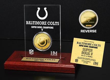 Baltimore Colts Super Bowl V Champions 24KT Gold Dual Coin in a Etched Acrylic Desktop Display from The Highland Mint